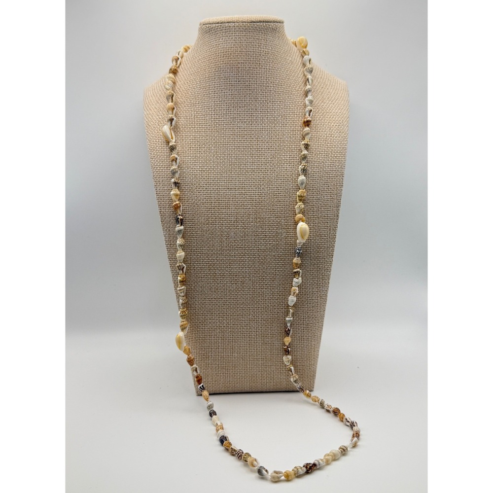 Vintage Natural Mixed Puka Cowrie Sea Shell Long‎ Strand Necklace 34 Inch Boho